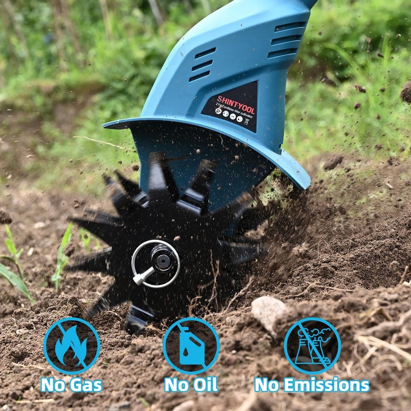SHINTYOOL 21v Cordless Tiller, 8-Inch Wide 4.0 Ah Battery Powered Garden Cultivator, Cultivator with Steel Tines and Battery Capacity Display, Rototiller for Lawn/Gardening/Soil Cultivation (Blue) by - Image 5